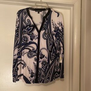 INC International Concepts Navy and White Paisley Blouse